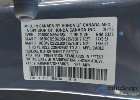 2013 Honda Cr-V Ex-L из США, поврежденный, VIN 2HKRM4H77DH624875